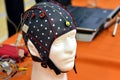 The electroencephalogram EEG head cap with flat metal discs electrodes attached to a white plastic modelÃ¢â¬â¢s head